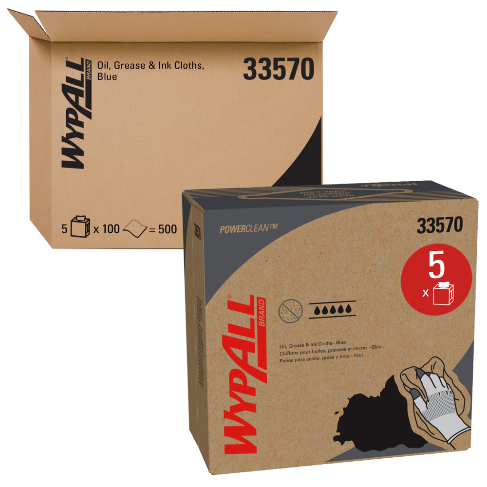 WypAll® Power Clean Oil, Grease & Ink Cloths (33570), Disposable, Lint-Free, Blue, 5 Pop-Up Boxes/Case, 100 Sheets/Box, 500 Sheets/Case - 33570