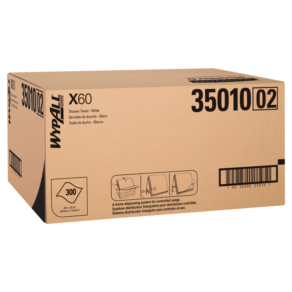 Serviettes de douche Wypall X60 (35010) avec Hydroknit, 20 po x 43,7 po, blanches, 100 feuilles/paquet, 3 paquets/caisse - 35010