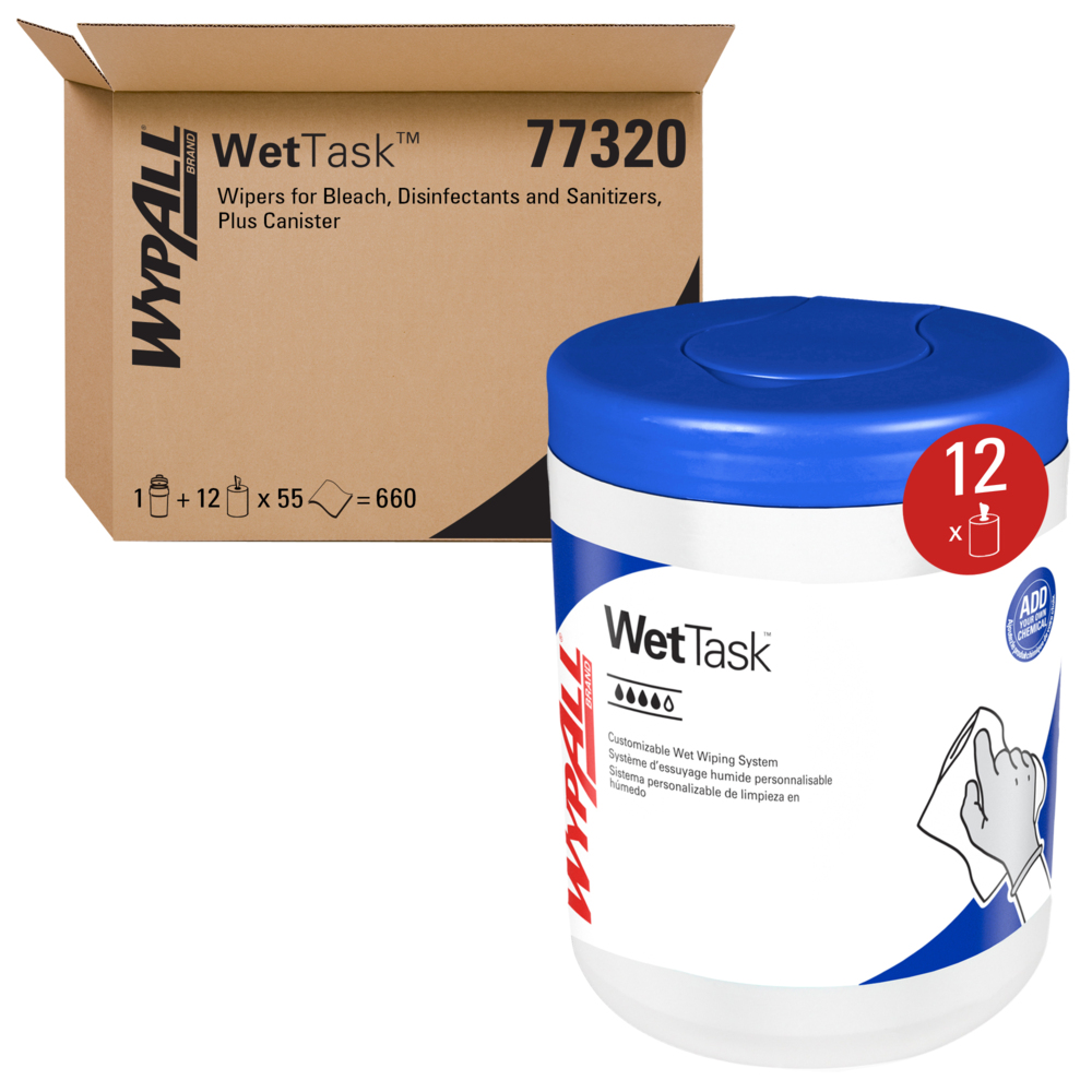 WypAll® Critical Clean Wipers for Bleach, Disinfectants, and Sanitizers, WetTask™ Customizable Wet Wiping System (77320), 12 Rolls/Case, 55 Sheets/Roll, 660 Sheets/Case, Canister Included  - 77320