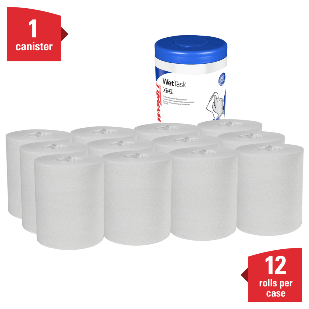 WypAll® Critical Clean Wipers for Bleach, Disinfectants, and Sanitizers, WetTask™ Customizable Wet Wiping System (77320), 12 Rolls/Case, 55 Sheets/Roll, 660 Sheets/Case, Canister Included  - 77320