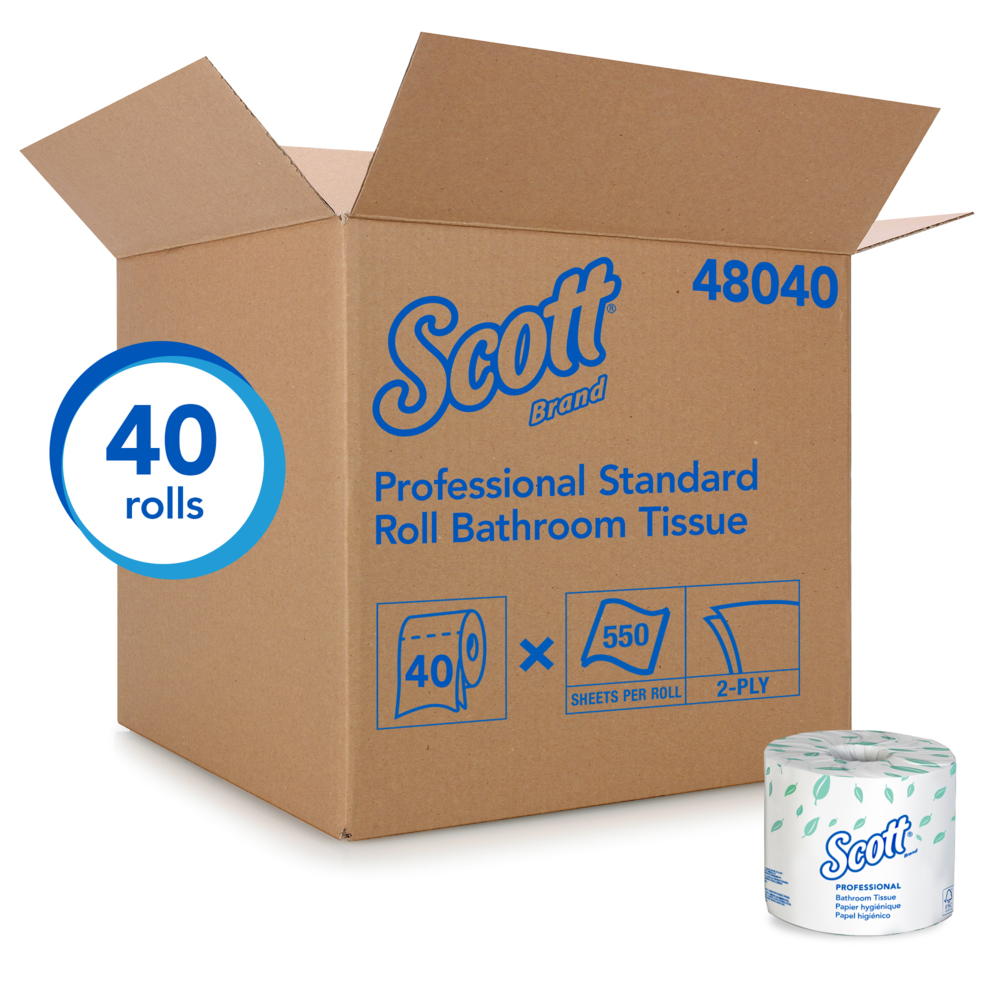 Scott® Essential Professional Standard Roll Bathroom Tissue (48040), 2-Ply, White, 40 Rolls / Case, 550 Sheets / Roll, 22,000 Sheets / Case - 48040