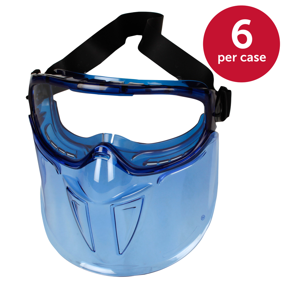 KleenGuard™ V90 “The Shield" Safety Goggles with Face Shield (18629), Clear Anti-Fog Lens with Blue Frame, 6 Pairs / Package - 18629