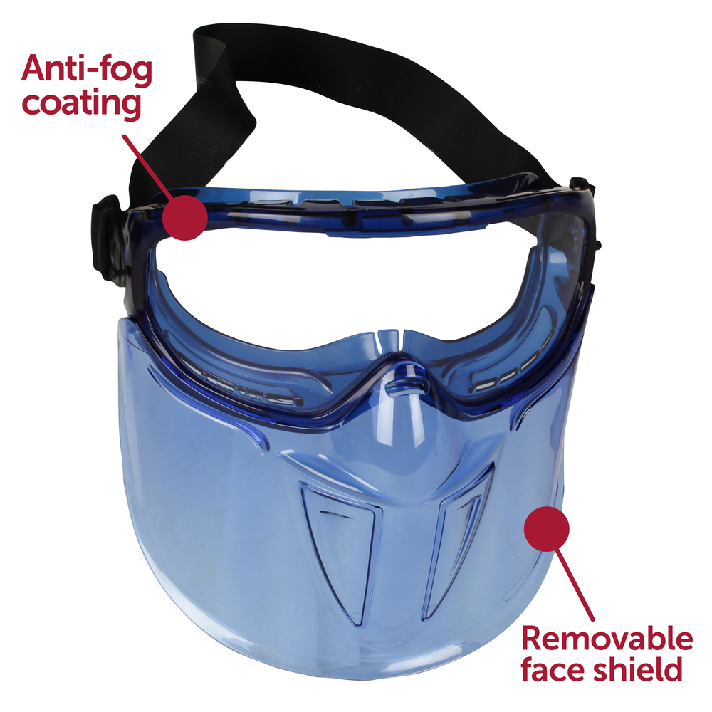 Lunettes-masque de sécurité « The Shield » avec écran facial KleenGuard V90 (18629), verres transparents antibuée avec monture bleue, 6 paires/paquet - 18629
