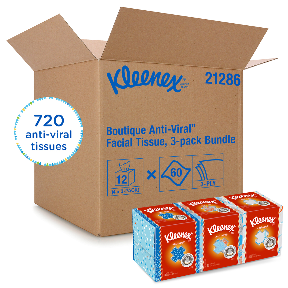 Kleenex® Professional Anti-Viral Facial Tissue Cube for Business (21286), White, 3 Boxes / Bundle, 4 Bundles / Case, 12 Boxes / Case
