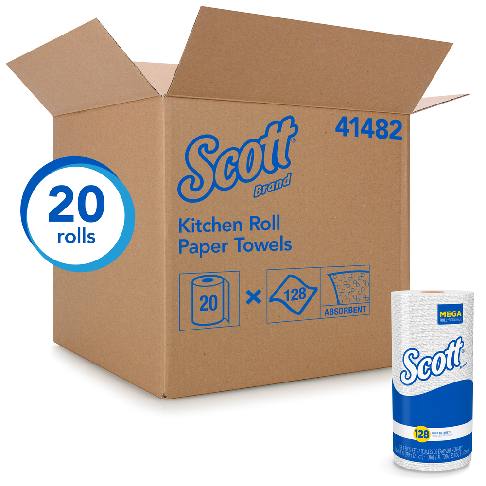 Scott® Kitchen Paper Towels (41482) with Fast-Drying Absorbency Pockets, Perforated Standard Paper Towel Rolls, 128 Sheets / Roll, 20 Rolls / Case - 41482