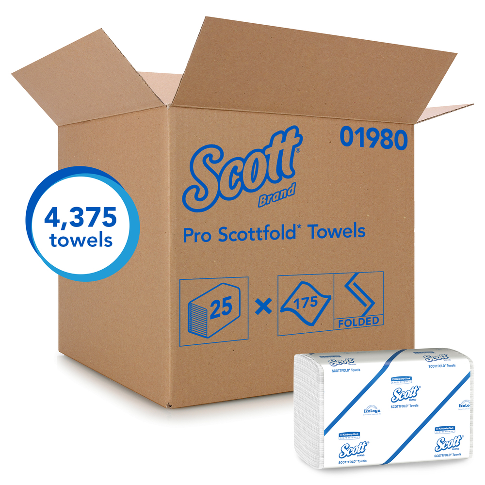 Scott® Pro Scottfold Multifold Paper Towels (01980) with Fast-Drying Absorbency Pockets, White, 25 Packs / Case, 175 Trifold Towels / Pack, 4,375 Towels / Case - 01980