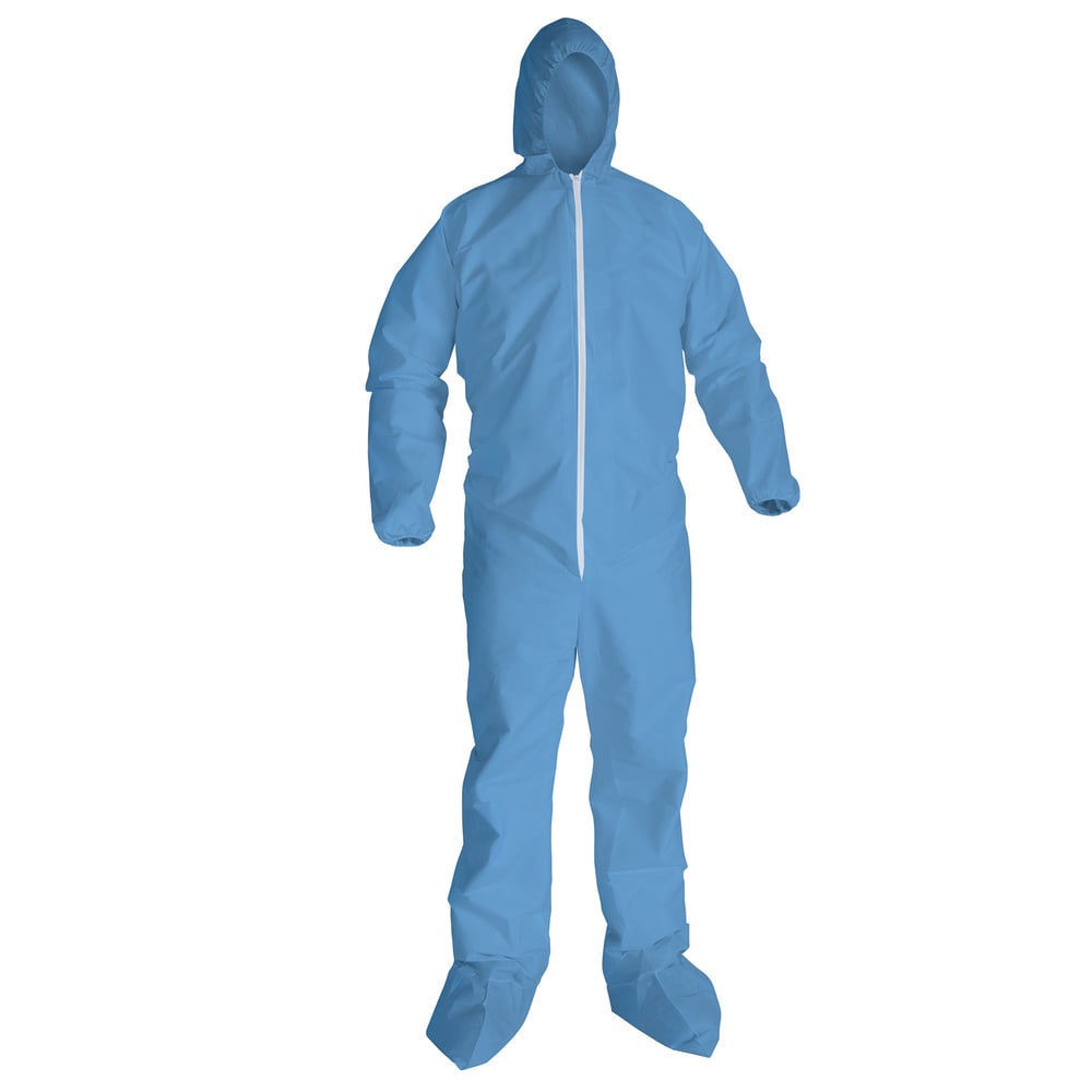 KleenGuard™ A65 Flame Resistant Coveralls with Hood & Boots (45355), Zip Front, Elastic Wrists & Ankles (EWA), Blue, 2XL, 25 Garments / Case - 45355